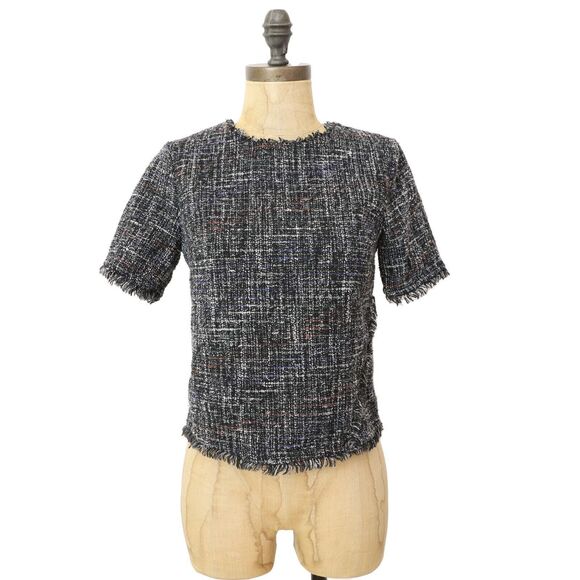 GREYLIN Tati Tweed Fringe Top XS Black Short Sleeve Crewneck Button Back EUC B32 - Picture 2 of 6